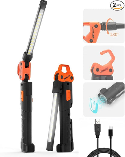Led Work Light,400LM Foldable Mechanic Light, Rechargeable Flashlight with 5 Modes, 230° Rotate and Hook Magnetic Light for Car Repair, Camping, Grill（2 Pack Upgrade）