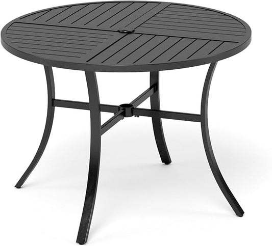 Outdoor Patio Round Dining Table, 42"x 42" Metal Small Round Table with Adjustable Umbrella Hole, All Weather Wrought Iron Black Outdoor Table for Deck Lawn Garden Backyard, Black