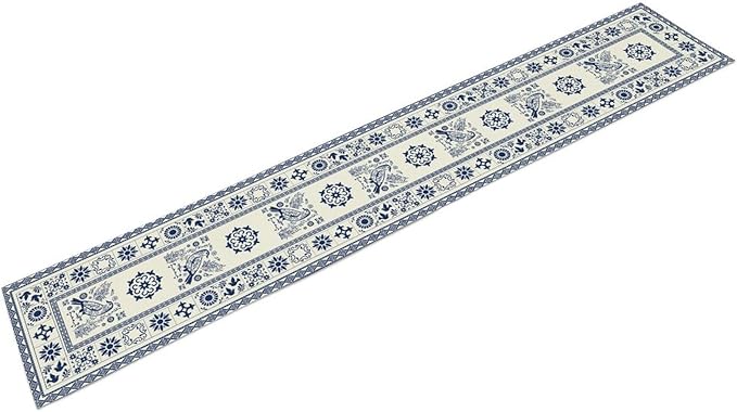 Mexican Table Runner, Blue Floral Birds Mexico Talavera Tiles Ceramic Dia De Los Muertos Coffee Table Center Decor for Family Kitchen and Dining Farmhouse Indoor Outdoor Table Decorations, 13"x90"