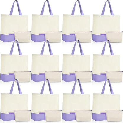 Sanwuta 24 Pcs Canvas Tote Bags Bulk with Zipper Cosmetic Bags 18.5" Cotton Canvas Bag with Handles Reusable Shopping Bags