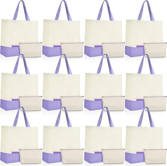 Sanwuta 24 Pcs Canvas Tote Bags Bulk with Zipper Cosmetic Bags 18.5" Cotton Canvas Bag with Handles Reusable Shopping Bags