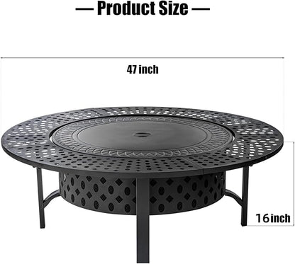 47 Inch Fire Pit with 2 Grills, Wood Burning Fire Pits for Outside with Lid & Poker, BBQ& Outdoor Firepit & Round Metal Table 3 in 1 for Patio, Picnic, Party