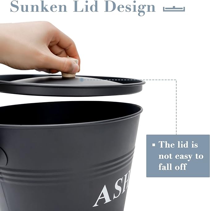 Mini Ash Bucket with Lid, Shovel and Broom, 1.5 Gallon Fireplace Metal Bucket with Lid, Charcoal Bucket and Ash Can for Fireplace, Fire Pits, Hearth, Wood Burning Stoves, Indoor and Outdoor