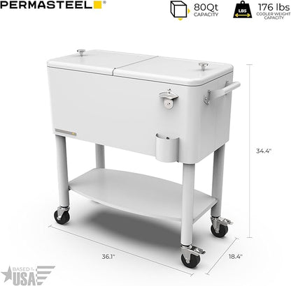 Permasteel 80 Quart Party Cooler, Rolling Ice Chest with Wheels and Handles for Indoor Outdoor Patio