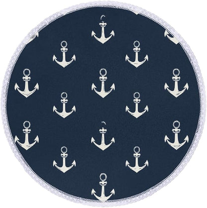 Round Tablecloth Waterproof Table Cloth for Kitchen Dinning Wedding Party Tabletop Decor,Nautical Anchor On Navy Blue Table Cover with Lace Trim,60 Inch