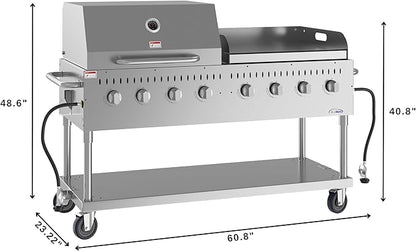 60 in. 8-Burner Commercial Outdoor Propane Gas Grill with 30 in. Roll Dome Cover and 30 in. Griddle in Stainless-Steel, ETL Listed (CGKIT6-D30G30)