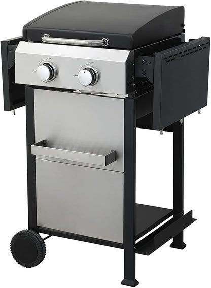 2-Burner Gas Grill, 24600 BTU Portable BBQ with Foldable Side Table & 6" Wheels, Dual-Function Cooking with Baking Rack & Flat Griddle for Outdoor, Patio, Camping & Tailgating