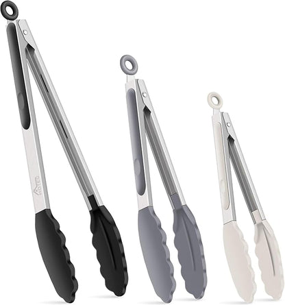 HOTEC Premium Stainless Steel Locking Kitchen Tongs with Silicon Tips, Set of 3-7", 9" and 12" (Black,Grey,Khaki)
