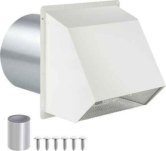8 Inch Hooded Wall Vent with Screen and Damper,Outdoor Wall Exhaust Vent Cover Wall Cap for Exterior Kitchen Range Hood Ventilation Dryer HVAC Duct Air Exhaust, Galvanized Steel, White