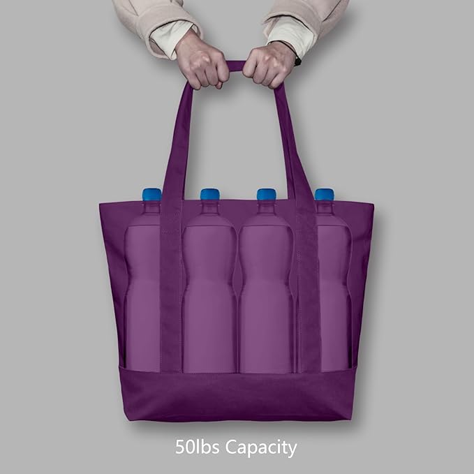 TOPDesign 3-Pack Canvas Tote Bags with an External Pocket, Reusable Grocery Shopping Bags, Top Zipper Closure, Daily Essentials (Purple)