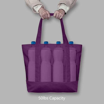 TOPDesign 6-Pack Canvas Tote Bags with an External Pocket, Reusable Grocery Shopping Bags, Top Zipper Closure, Daily Essentials (Purple)