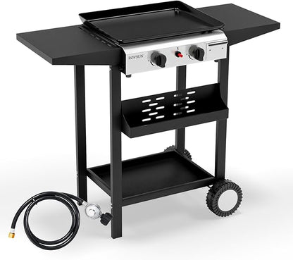 ROVSUN 2 Burner Portable Propane Griddle with Electronic Ignition, 20000 BTU Rolling Flat Top Gas Grill with Nonstick Enameled Tray, Side Shelves & Regulator for Outdoor Cooking Camping BBQ Tailgating