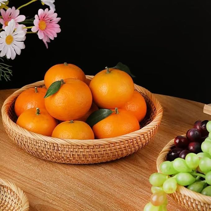 RT&BS Round Rattan Tray, Natural Rattan Decorative Tray, Christmas Food Tray, Handwoven Serving Baskets for Breakfast, Drinks, Snacks (M, Ø8.7 * 1.6'')