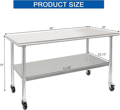 HARDURA Stainless Steel Table with Wheels 30 x 60 Inches Casters NSF Heavy Duty Commercial Work & Prep Table with Undershelf and Galvanized Legs for Restaurant Kitchen Bar and Hotel Garage