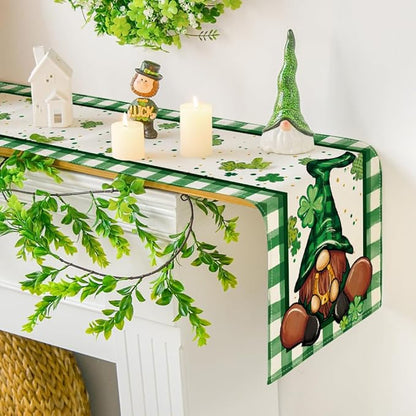 Artoid Mode Shamrock Lucky Buffalo Plaid Gnomes St. Patrick's Day Table Runner, Kitchen Dining Table Decor for Outdoor Home Party Decor 13 x 48 Inch