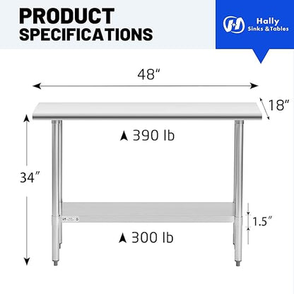 Hally Stainless Steel Table for Prep & Work 18 x 48 Inches, NSF Commercial Heavy Duty Table with Undershelf and Galvanized Legs for Restaurant, Home and Hotel