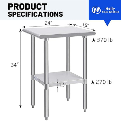 Hally Stainless Steel Table for Prep & Work 24 x 18 Inches, NSF Commercial Heavy Duty Table with Undershelf and Galvanized Legs for Restaurant, Home and Hotel