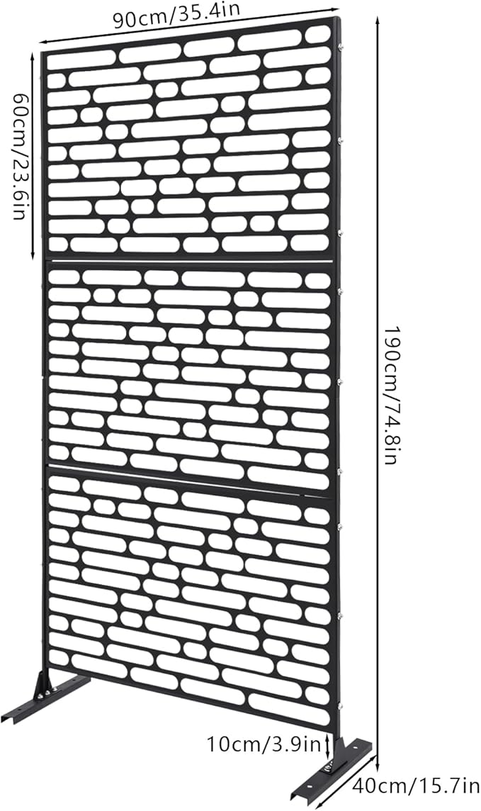 Outdoor Metal Privacy Screen with Stand, 35.4" W x 75" H Freestanding Metal Slatted Decorative Privacy Screen and Panels for Patio Garden Balcony Porch (Black Rounded Rectangle)