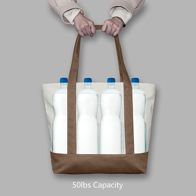 TOPDesign 1-Pack Canvas Tote Bag with an External Pocket, Reusable Grocery Shopping Bag, Top Zipper Closure, Daily Essentials (Brown/Natural)
