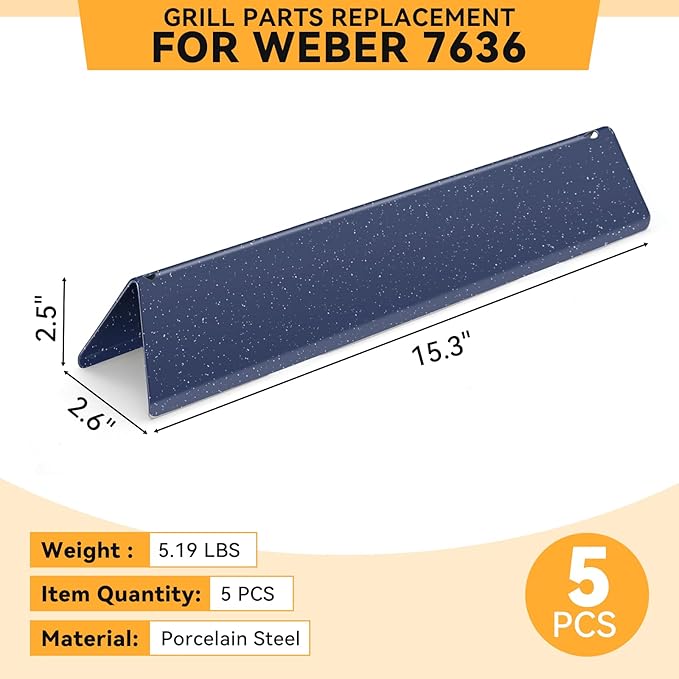 15.3 inch Flavorizer Bars for Weber Spirit Grill Parts Spirit I & Spirit II E310 E320 E330 S310 S320 S330 Gas Grills with Front Control Knob, 5 PCS 7636 Porcelain Steel Flavor Bars