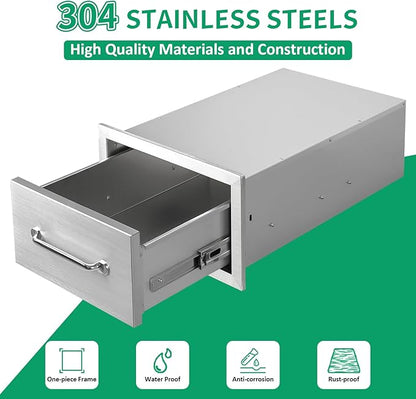 Outdoor Kitchen Drawers 14" W x 8.5" H x 23" D Stainless Steel Single Drawers with Ergonomic Handle for BBQ Island, Patio Grill Station & Outdoor Kitchen Cabinets
