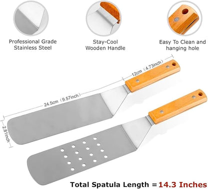 7 Piece Stainless Steel Spatula Set-Burger Flipper-4 Spatulas, Chopper, Scraper, + 2 Bottles-for BBQ Grill Flat Top Blackstone