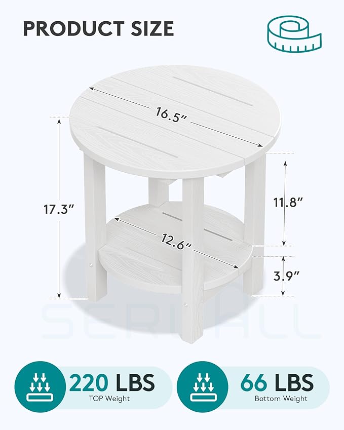 SERWALL Round Outdoor Side Table Set of 2, HDPE Small Adirondack Double End Table, White
