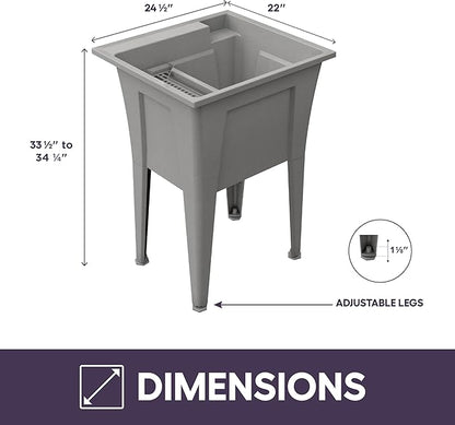 Freestanding Utility Sink with One Handle Black Faucet - 24" Plastic Utility Sink for Garage, Laundry, Indoor and Oudoor Use - Laundry Tub Kit by Noah William Home - Grey (19.5 gal)