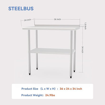 24x36 Inch Stainless Steel Work Table with Backsplash and Undershelf, Heavy Duty Commercial Prep Table, Kitchen Workbench with Adjustable Shelf, NSF Certified