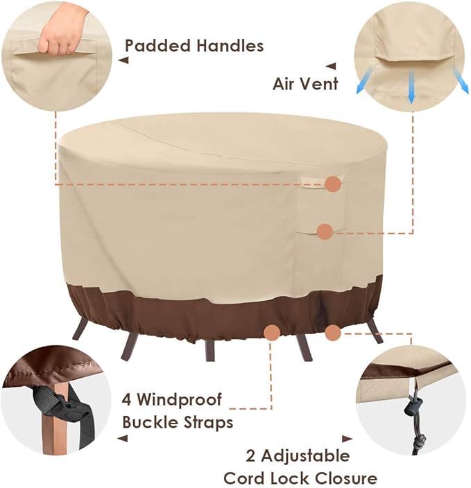 Vailge Round Patio Furniture Covers, 100% Waterproof Outdoor Table Chair Set Covers, Anti-Fading Cover for Outdoor Furniture Set, UV Resistant (Beige&brown, 62"DIAx28"H)
