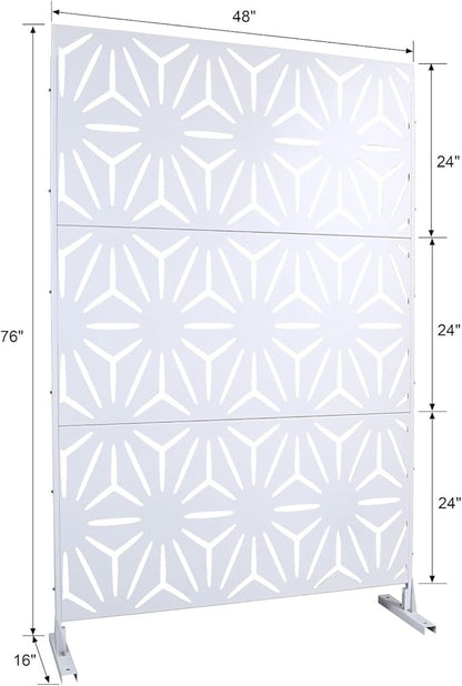 Outdoor Privacy Screen, 76" H x 48" W Decorative Metal Panel, Steel Privacy Divider with Freestanding Base, Ideal for Garden, Patio, or Balcony, White