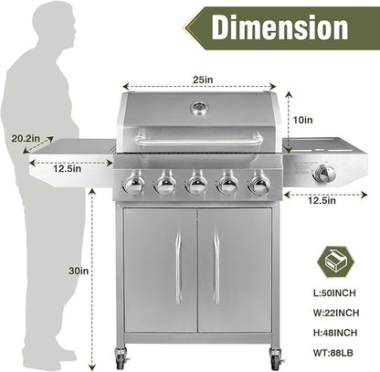 Bestfire 68,000 BTU 5 Burner Propane Gas Grill with Side Burner-Professional-Grade Stainless Steel Outdoor BBQ Grill-647 sq in Cooking Space&Porcelain Cast Iron Grrates-Patio Cart Design for Backyard