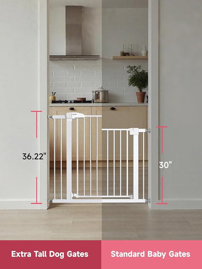 36.2" Extra Tall Baby Gate for Stairs, 29.5-46" Wide Dog Gate for Doorways, Walk Thru Auto Close Metal Child Gate for The House, Stairs and Doorways, Pet Gate Pressure Mounted Dog Gate Indoor (White)