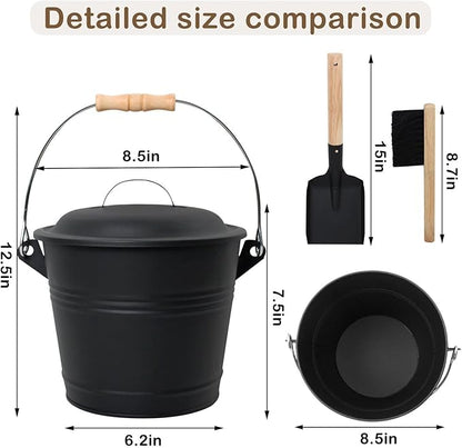 Poofzy Ash Bucket with Lid, Small Fireplace Ash Bucket with Lid and Shovel, 1.3 Gallon Metal Bucket for Fireplace with Hand Broom and Gloves, Fireplace Bucket for Ashes for Wood Stove and Fire Pit