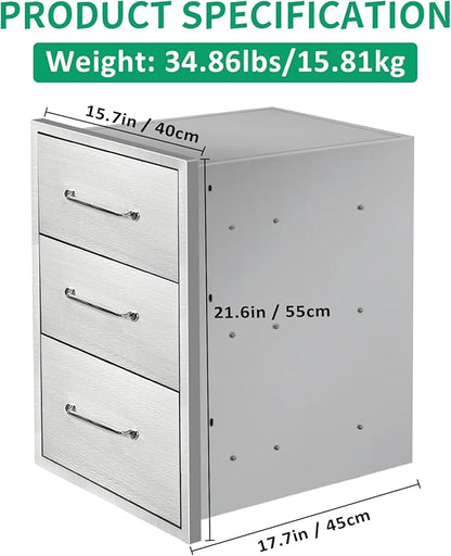 Outdoor Kitchen Drawers 15.7" W x 21.6" H x 17.7" D Stainless Steel Triple Drawers with Ergonomic Handle for BBQ Island, Patio Grill Station & Outdoor Kitchen Cabinets