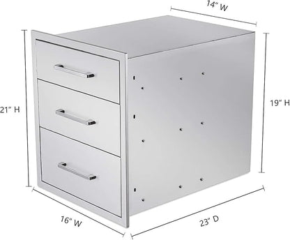 Outdoor Kitchen Drawers Stainless Steel 3-Drawer BBQ Drawer 16" W x 21" H x 23" D Enclosed Built-in Drawer Flush Mount for Outdoor Kitchens & BBQ Islands