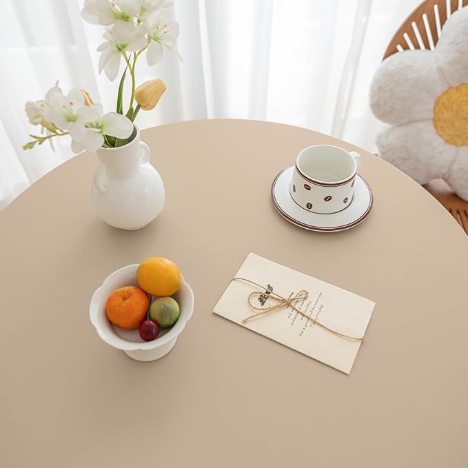 Round Fitted PU Tablecloth with High Elastic Edge 43 Inch Dia Waterproof Oil Proof Table Cloth Anti-Scald Stain-Resistant Wipeable Table Cover for Indoor Outdoor Picnic (Beige,43" Dia)
