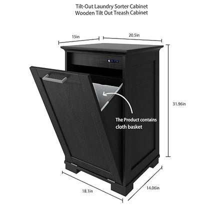 OLD CAPTAIN Wooden Tilt Out Trash Cabinet, Wooden Kitchen Garbage Can Free Standing Holder, Black Finish