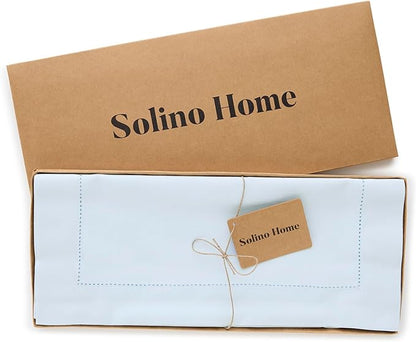 Solino Home Table Runner 120 Inches Long - Cotton Linen Hemstitch Light Blue Table Runner 14 x 120 Inch for Spring, Easter