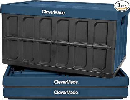 CleverMade Collapsible Storage Bins with Lids - Ocean 3 Pack 46L - Plastic Containers Stackable Organization Crates Home Closet Space-Saving Durable