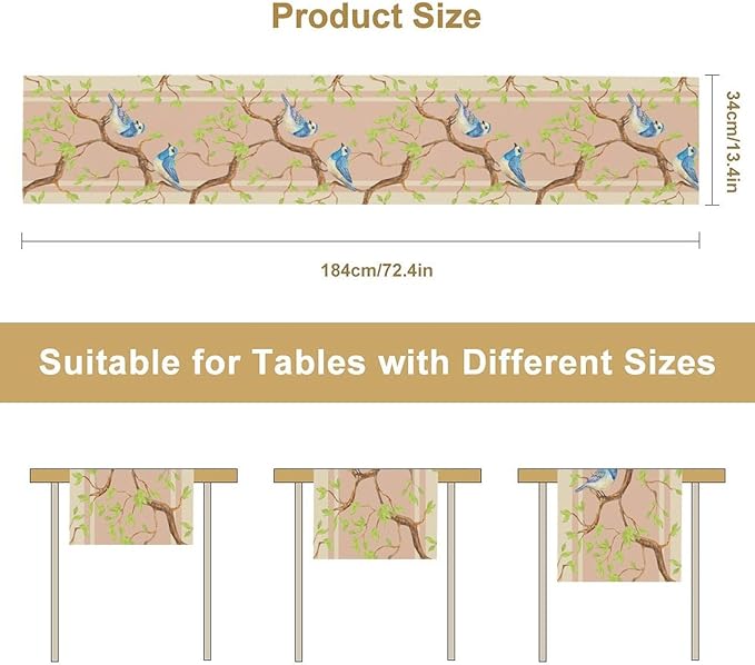 Watercolor Birds Table Runner,Spring Blue Bird Green Tree Table Runner for Kitchen Dining Table Holiday Farmhouse Home Party Decor 13x90in