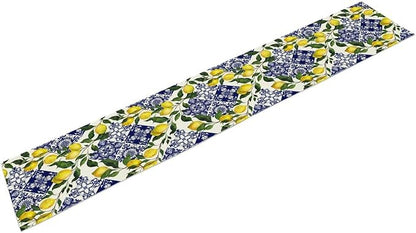 Lemon Fruit Nature Table Runner Farmhouse Talavera Ethnic Folk Rustic Watercolor Blue Dining Table Decoration for Home Holiday Party Dresser Kitchen Cabin Restaurant Wedding Decor 13×70in