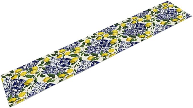 Lemon Fruit Nature Table Runner Farmhouse Talavera Ethnic Folk Rustic Watercolor Blue Dining Table Decoration for Home Holiday Party Dresser Kitchen Cabin Restaurant Wedding Decor 13×90in