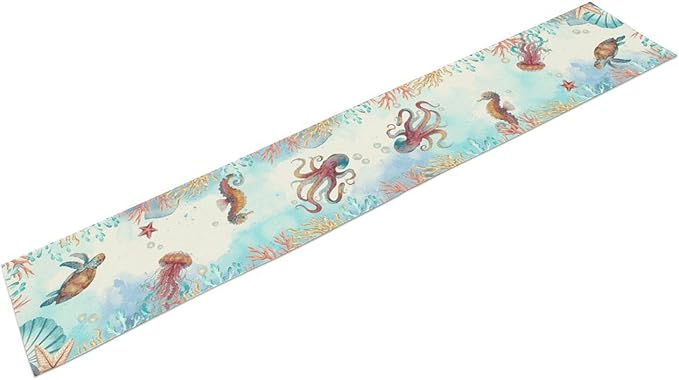 Blue Coastal Table Runner, Nautical Starfish Turtle Seashell Coral Shell Beach Ocean Dining Table Runner for Coffee Table Home Party Decor 13"x90"