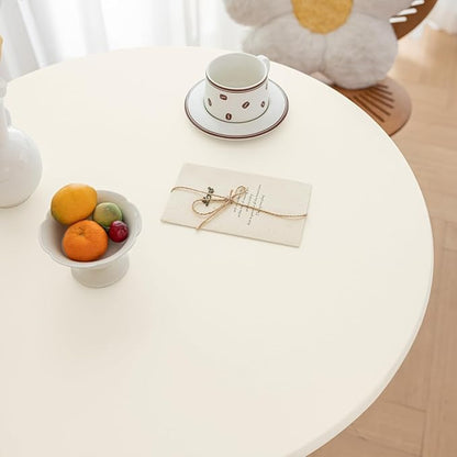 Round Fitted PU Tablecloth with High Elastic Edge 59 Inch Dia Waterproof Oil Proof Table Cloth Anti-Scald Stain-Resistant Wipeable Table Cover for Indoor Outdoor Picnic (Cream,59" Dia)