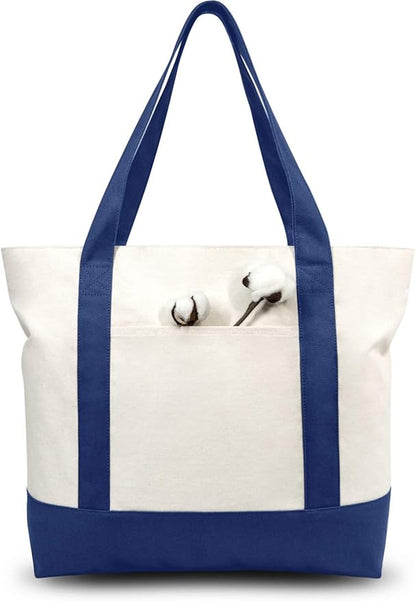 TOPDesign 3-Pack Canvas Tote Bags with an External Pocket, Reusable Grocery Shopping Bags, Top Zipper Closure, Daily Essentials (Blue/Natural)