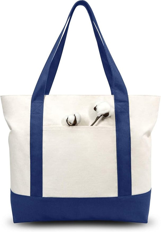 TOPDesign 30-Pack Canvas Tote Bags with an External Pocket, Reusable Grocery Shopping Bags, Top Zipper Closure, Daily Essentials (Blue/Natural)
