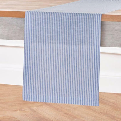 Solino Home Linen Table Runner 132 Inches Long - Narrow Stripe, 100% Pure Linen Cornflower Blue and White Farmhouse Table Runner 14 x 132 Inch for Dining, Winter, Spring, Easter