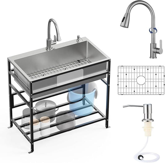 33x19 Inch Stainless Steel Utility Sink-Freestanding Laundry Sink Practicality With Accessories Stainless Functional Faucet,Soap Dispenser, SS Sink Grid For Laundry,Garage,Outdoor Kitchen,Garden...