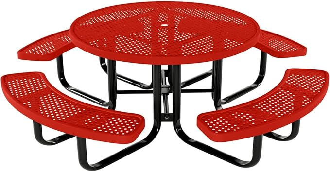 COATEDOUTDOORFURNITURE Heavy-Duty Portable Outdoor Kids Table with Umbrella Hole, Punched Steel Kids Picnic Table, Commercial-Grade, Made in America (46 in, Round, Childrens, Red)